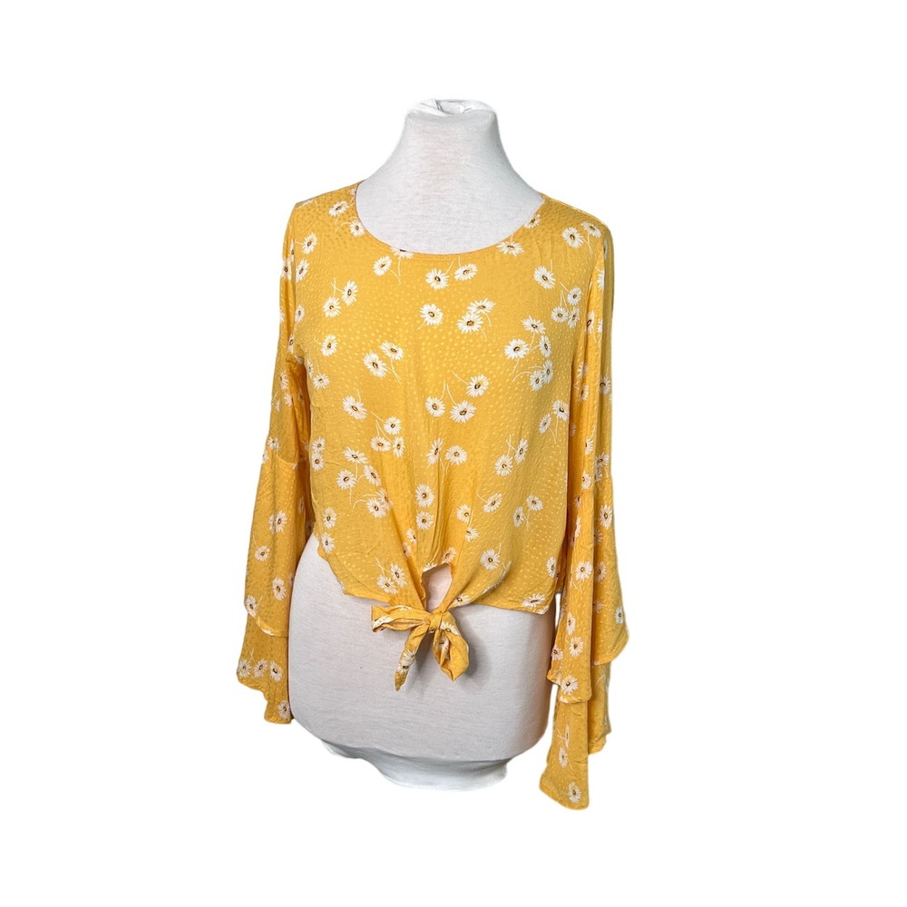 Altar'd State Yellow Daisy Tie Front Cropped Top Women's Medium